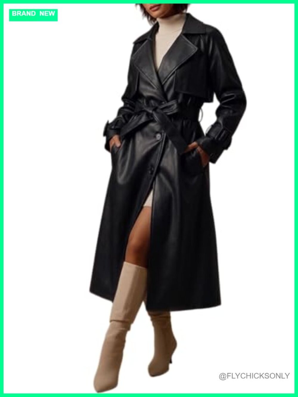 Faux Leather Classic Lapel Belted Trench Coat Loose Fit Long